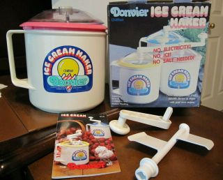 Vintage Cond Donvier Ice Cream Maker Pink 1 Qt / 2 Pint Size W Recipe Book