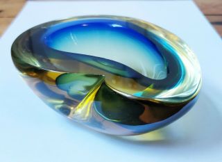 Murano Sommerso Geode Vintage Cased Art Glass Bowl Amber Blue Mid Century Italy