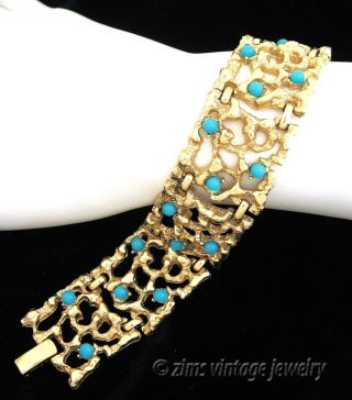 Vintage Old Modernist Brutalist Abstract Gold Link Faux Turquoise Stone Bracelet