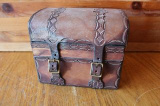 Treasure Chest Box Vintage Wooden Leather And Suede Two Buckles Jewelry Trinkets