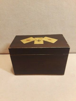 Vintage Inlaid Wood Playing Cards Box Case Holder For Two Decks