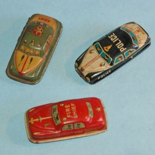 1950 Vintage Japan Tin Friction 3 Cars Police Dept Us Army Fire Chief
