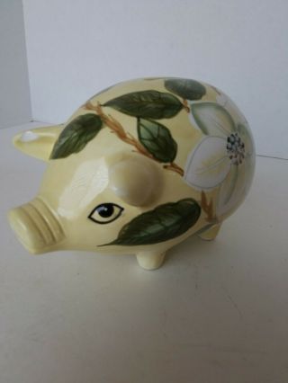 Vintage Ceramic Piggy Bank Style Eyes Baum Bros.  Flowers Magnolia Green Leaves