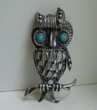 Vintage Danecraft Sterling Silver Turquoise Eyes Owl Brooch Pin