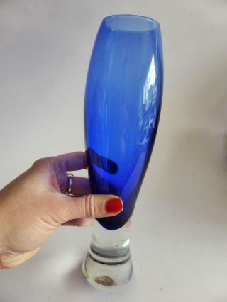 Vintage Mid Century Modern Blue Glass Vase,  1950s Decor,  Art Glass Footed Vase 4