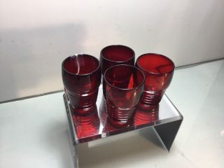 Vntg Paden City Art Deco Penny Line Ring Glassware Ruby Red 4 Juice Glasses
