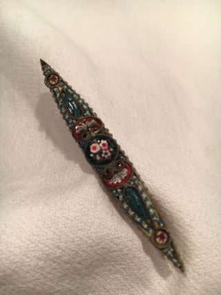 Vintage Micro Mosaic Italian Flowers Glass Copper Tiles Bar Elongated Brooch Pin