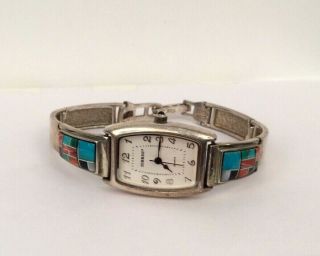 Vintage Surrisi NAVAJO Old Carlisle 925 STERLING SILVER WATCH Turquoise Coral 4