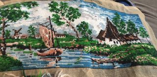 Completed Vintage Tapestry Needlepoint Canvas Tapex Vienna Austria Cottage Lake