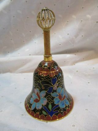 Vintage Blue Floral Cloisonne Enamel Brass Hand Bell Ringer Open Weave Top 4.  5 "