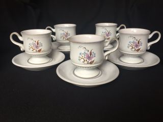 Denby Lorraine Vintage Footed Cups And Saucers Set Of Five (5) England Stoneware