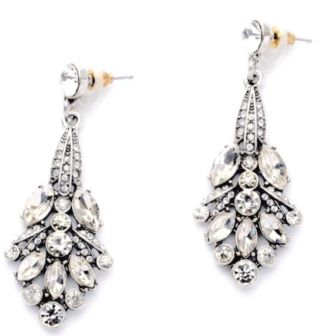 White Clear Diamante Crystal Rhinestone Silver Art Deco Vintage Drop Earrings