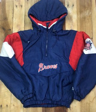 Vintage 1980 - 90s Atlanta Braves Starter Jacket Sz Large Pullover Insulated Coat
