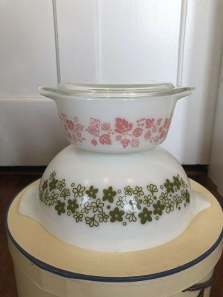 Vintage Pyrex Pink Gooseberry Casserole 472 With Lid And Spring Blossom 443