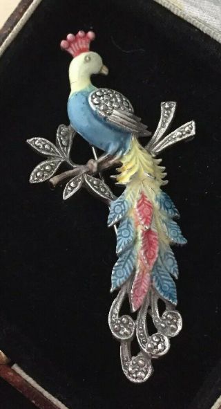 Vintage Art Deco Jewellery Gorgeous Enamel & Marcasite Peacock Bird Brooch