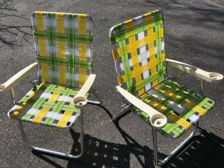 Two Vintage Folding Aluminum Chairs.  Green White Yellow Webbing.  Beach Patio