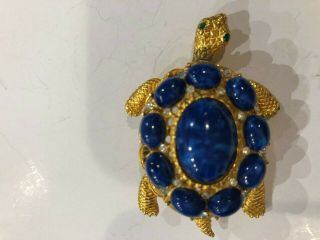 Signed Cadoro Vintage Turtle Brooch Pin Blue Glass Cab Rhinestone Jewelry