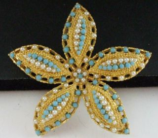 Sweet Vintage Sarah Coventry Starfish Flower Pin Brooch W/tiny Aqua,  Pearl Beads