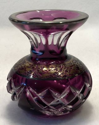 Vintage Bohemian Amethyst Crystal Cut to Clear Bud Vase w/ Sterling Overlay 3
