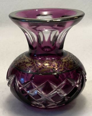 Vintage Bohemian Amethyst Crystal Cut to Clear Bud Vase w/ Sterling Overlay 4