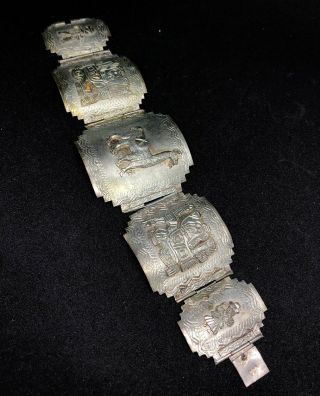 Jewelry Peru Story Panel Bracelet 900 Silver 7 " Long Vintage Artisan