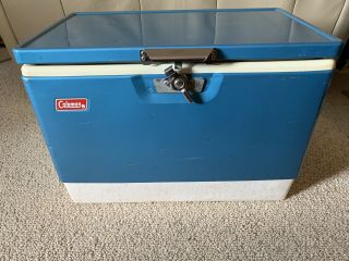 Vintage 1970s Coleman Large Metal Cooler Ice Chest Box Blue W/ Bottle Openers