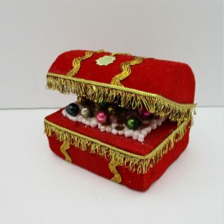 Vintage Red Flocked Treasure Chest Pearls Jewelry Box Christmas Tree Ornament