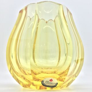 Vintage Hand Blown Cut Czech Bohemian Glass Moser Vase Acid Yellow Signed