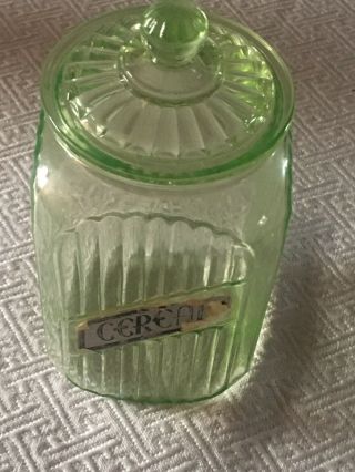 Vintage Hocking Green Depression Vaseline Glass Canister Jar W/ Lid,  “cereal”