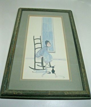 Vtg 1982 P Buckley Moss Amish Girl,  Doll & Cat Lithograph Print Signed & Framed