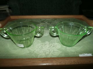 Vintage 1930s Art Deco Green Depression Glass Open Sugar Bowl Ribbed Sides