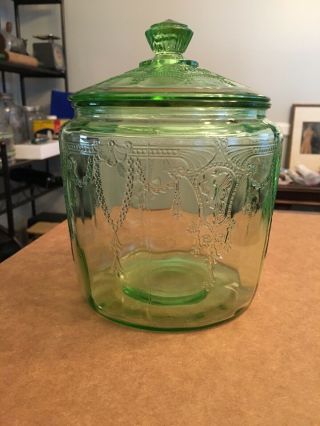 Vintage Green Depression Glass;cookie Jar; Princess Pattern Byanchor Hocking