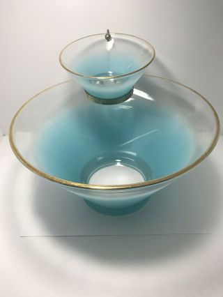 Vintage Blendo Mid Century Frosted Blue Chip And Dip Bowl With Gold Trim 2
