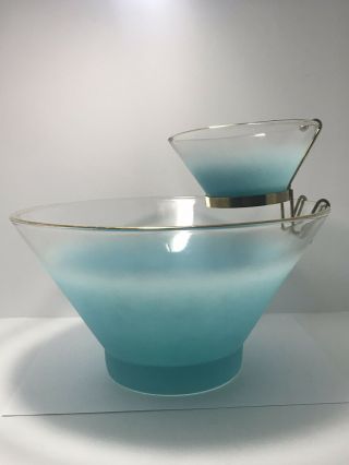 Vintage Blendo Mid Century Frosted Blue Chip And Dip Bowl With Gold Trim 6