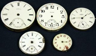 B 913.  Watch Maker 5 Vintage Mechanical Pocket Watch Movements,  Elgin Montgomer