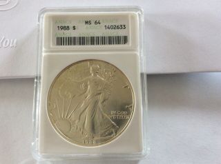 1988 Silver Eagle (in A Vintage Anacs Case) Ms 64,  Light Toning 2192