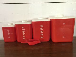 Set Of 4 Vintage Lustro Ware Red Plastic Kitchen Canister Flour Sugar Coffee Tea