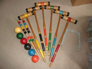 Vintage Wood Croquet Set 6 Player Mallets Balls Stakes Wickets