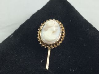 Vintage 10k Yellow Gold Victorian Stick Pin With White Shell Bezel Set Cameo