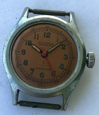 Vintage Clinton Swiss Hand Winding Mens Watch With Red Seconds Hand,  Dial
