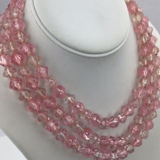 Vintage 50 S Pink Bead Triple Strand West Germany Necklace Lucite Acrylic 14 15