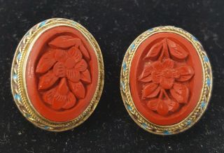 Vintage Chinese Carved Cinnabar Vermeil Silver Enamel Earrings