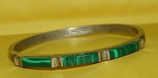 Vtg " Taxco " Mexico " 925 " Sterling Silver Malachite Hinged Bangle Bracelet 29.  1g