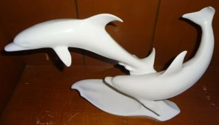 Vintage Kaiser Swimming Dolphins White Porcelain Figurine Large 12 " Length Euc