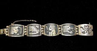 Vintage Taxco Aztec Mayan Mexico Sterling Silver Panel Bracelet 7 "
