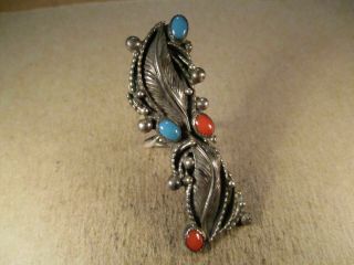 Vintage 2 " Sterling Silver & Turquoise/coral Ring,  Unsigned,  Size 4.  75,  8.  8g