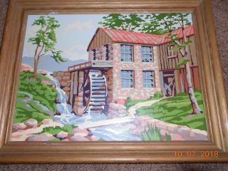 Vntg Pbn Paint By Number Framed Mill Water Wheel Nature Hand - Painted Retro Art