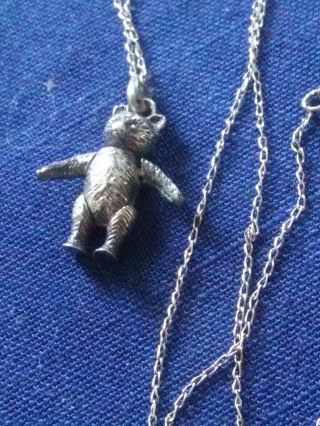Vintage Sterling Silver Moveable Pendant Articulated Teddy Bear Charm 22 " Chain