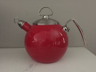 Vintage Brillant Red Enamel Chantal 1.  8 Qt Teapot Kettle Whistling Teakettle