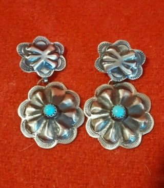 Vintage Navajo Old Pawn Sterling Silver And Turquoise Earrings - Roberta Begay